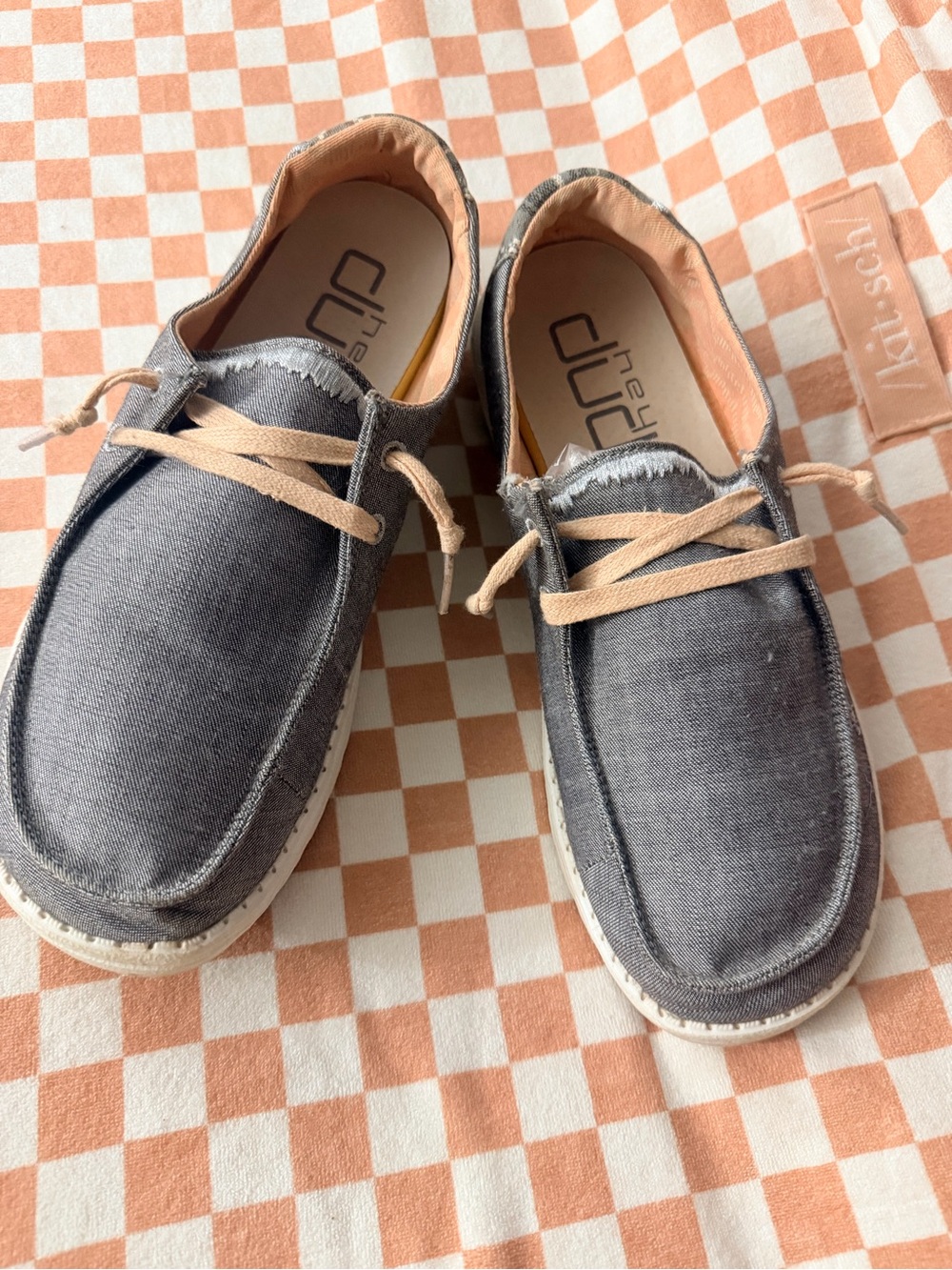Hey Dude Women Casual Boat Shoes in Gray with peach Laces